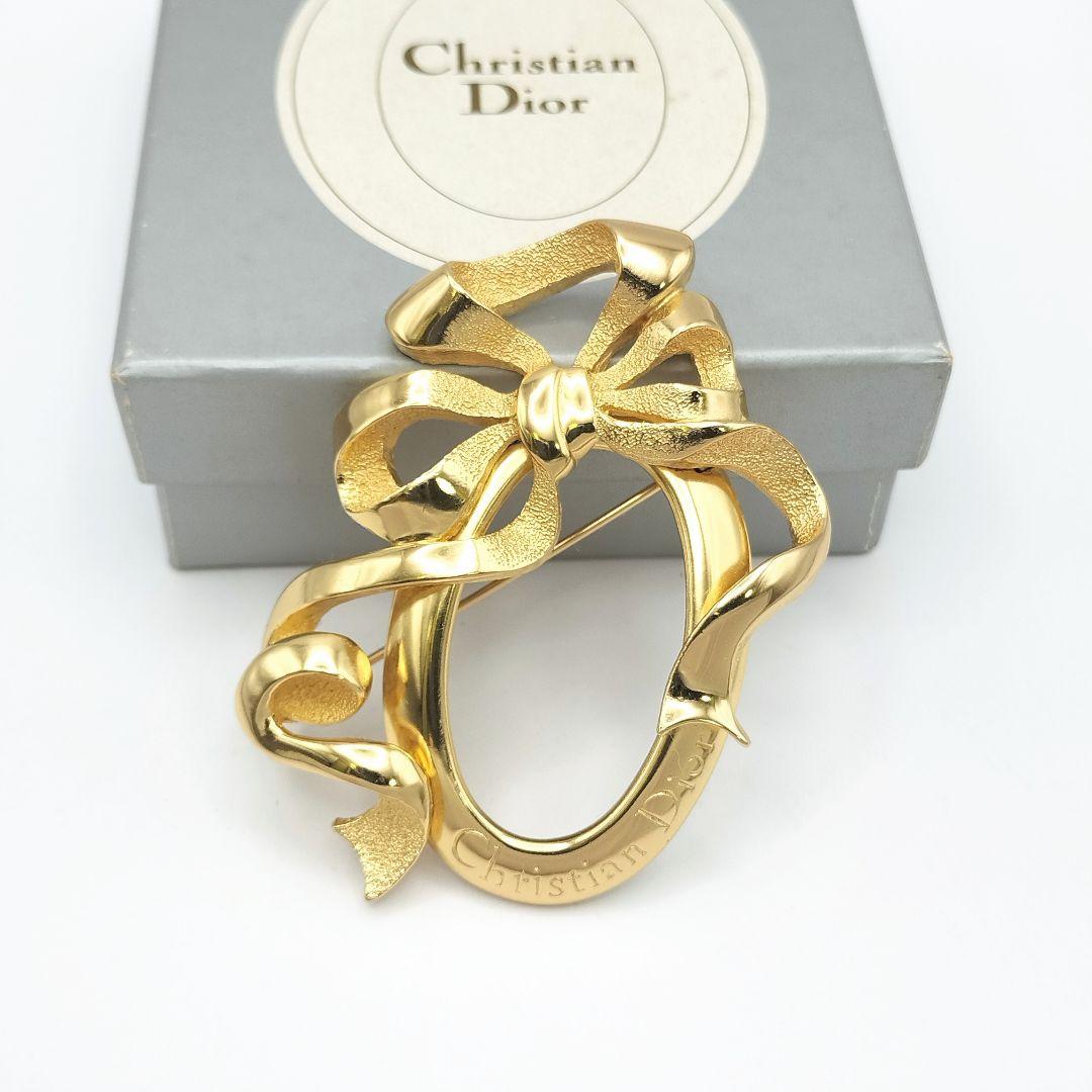 【S】美品 Dior ディオール リボン ヴィンテージ ゴールド ブローチ 箱付