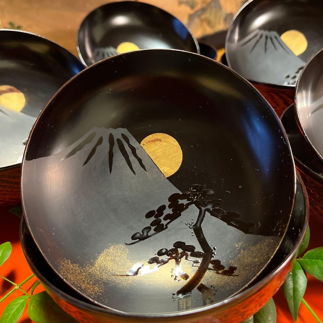 A1029 木製輪島塗　富士月　闇蒔絵　流水に亀蒔絵　吸い物庵5客