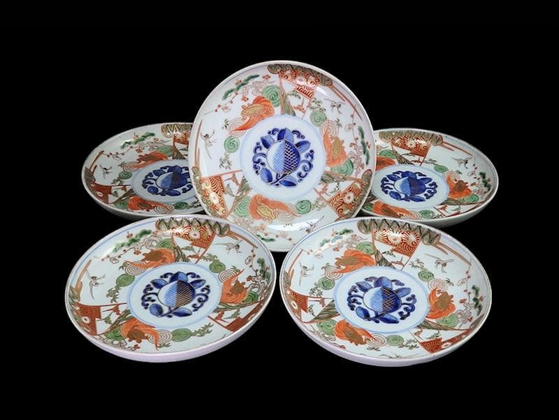 古伊万里　金襴手　松竹梅に鶴亀の図　５寸半皿　５枚　A915AS-CXd