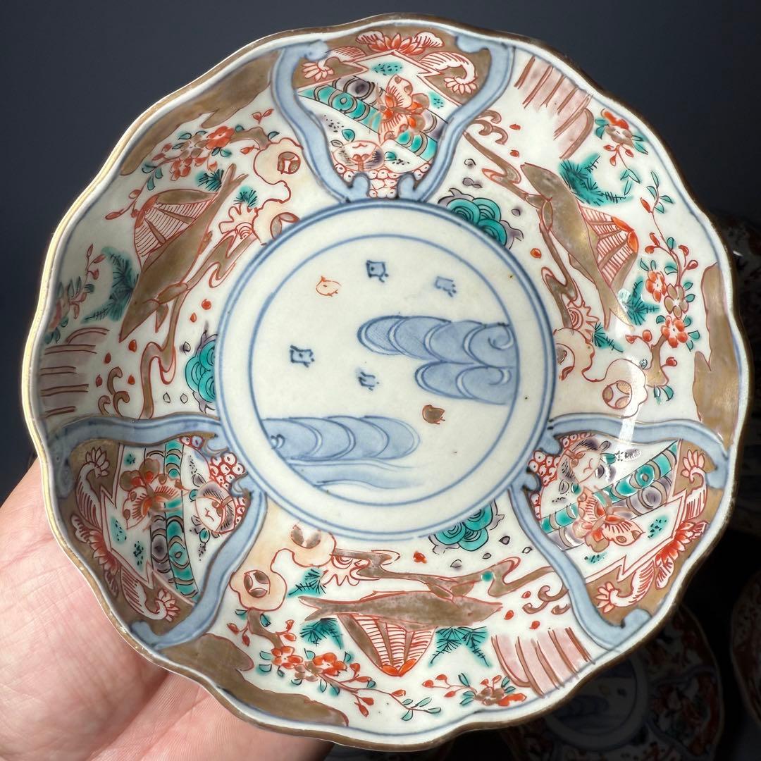古伊万里　色絵千鳥文膾皿　12客　松　梅　蝶　魚　鹿の目　金蘭手　直径15cm
