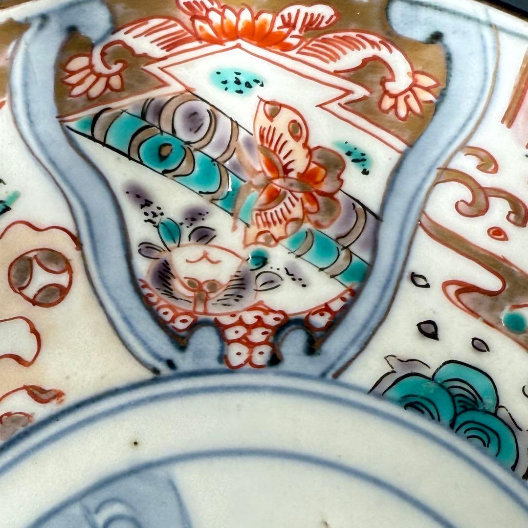 古伊万里　色絵千鳥文膾皿　12客　松　梅　蝶　魚　鹿の目　金蘭手　直径15cm