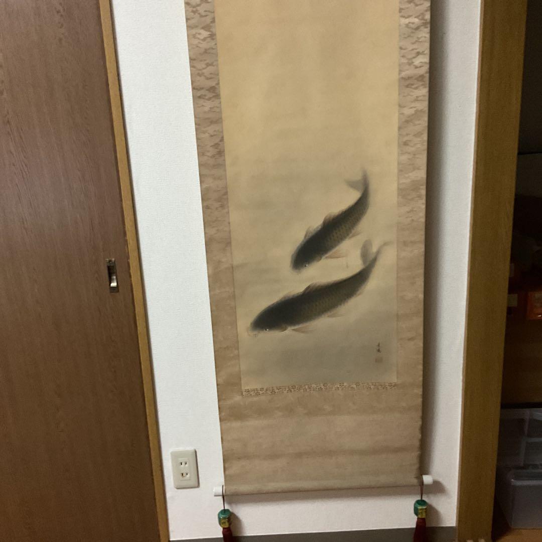 晃陽筆 彩色画 絹本掛け軸 【 遊鯉図 】 軸先陶器軸