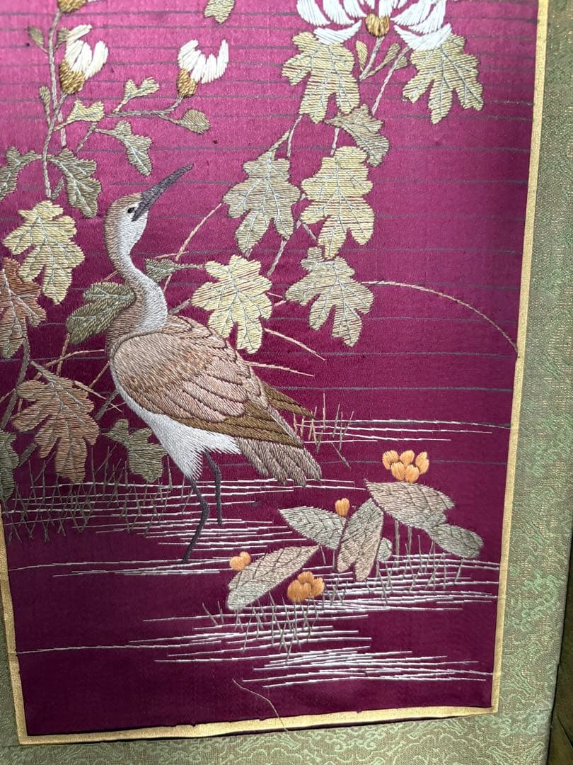 刺繍　屏風　花鳥画