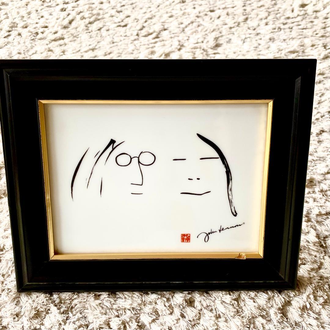 【激レア品】John & Yoko イラスト白磁板　木製フレームスタンド