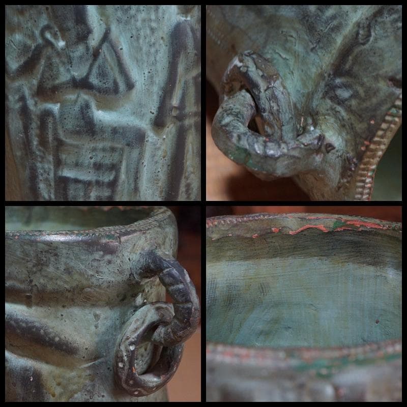 スペイン製 陶器製 細工浮彫『古代エジプト壁画風』大型造形飾り壺 双耳飾り壺