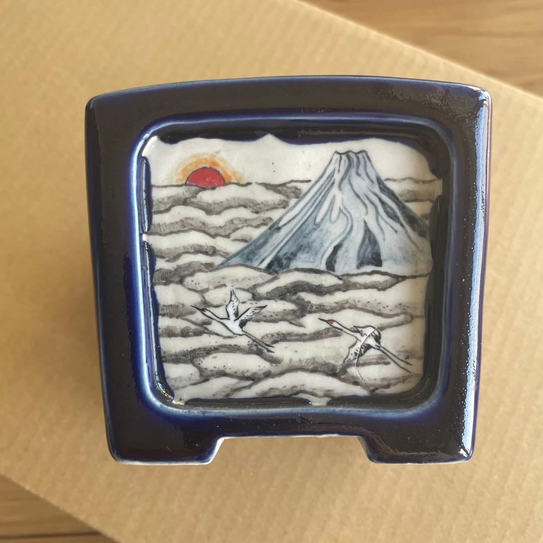 盆栽鉢　桑津香石　絵鉢　鶴　日の出　富士山　鳥　山野草　落款印