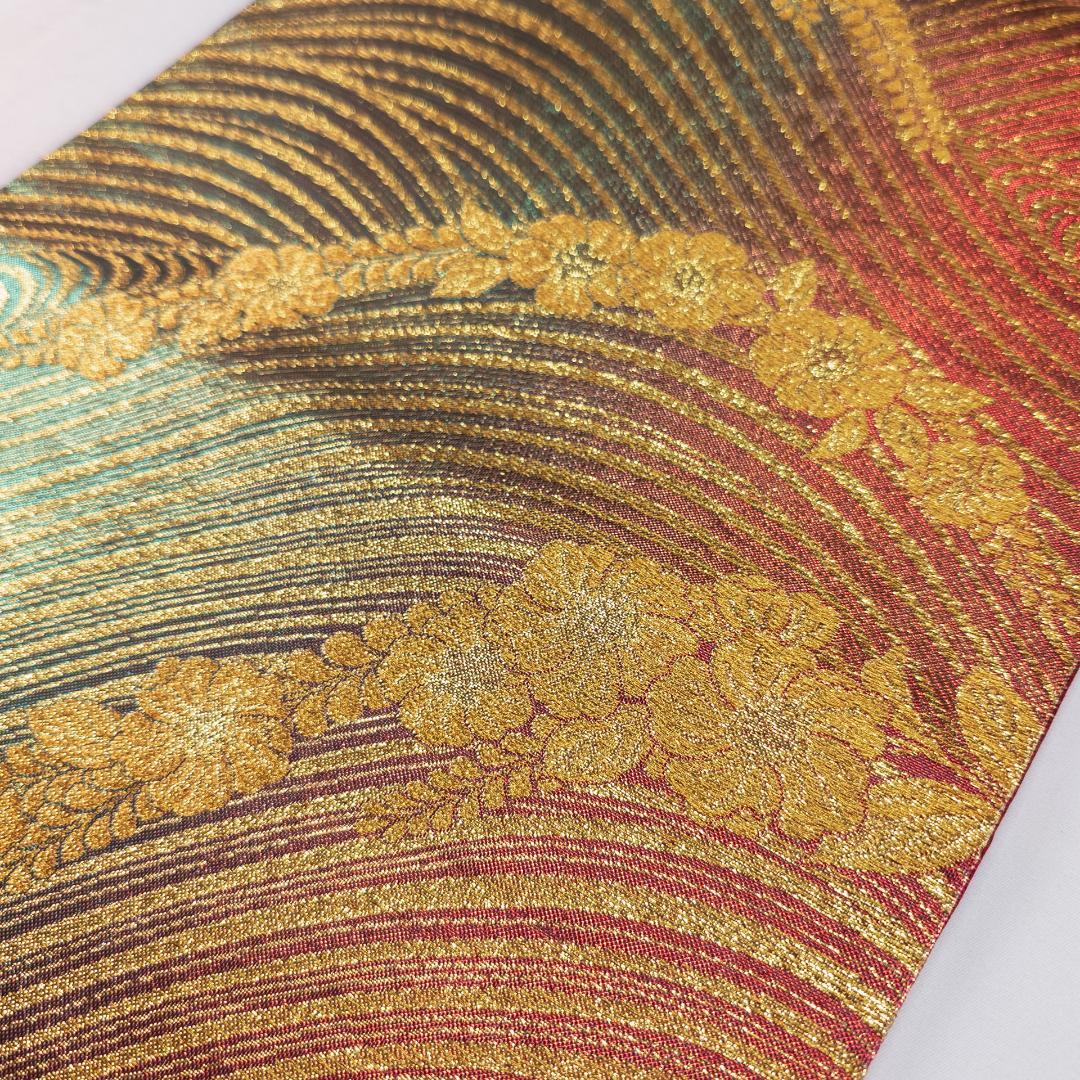 R7SK1473 袋帯 振袖用 礼装用 波 草花 全通柄 ゴールド シルバー