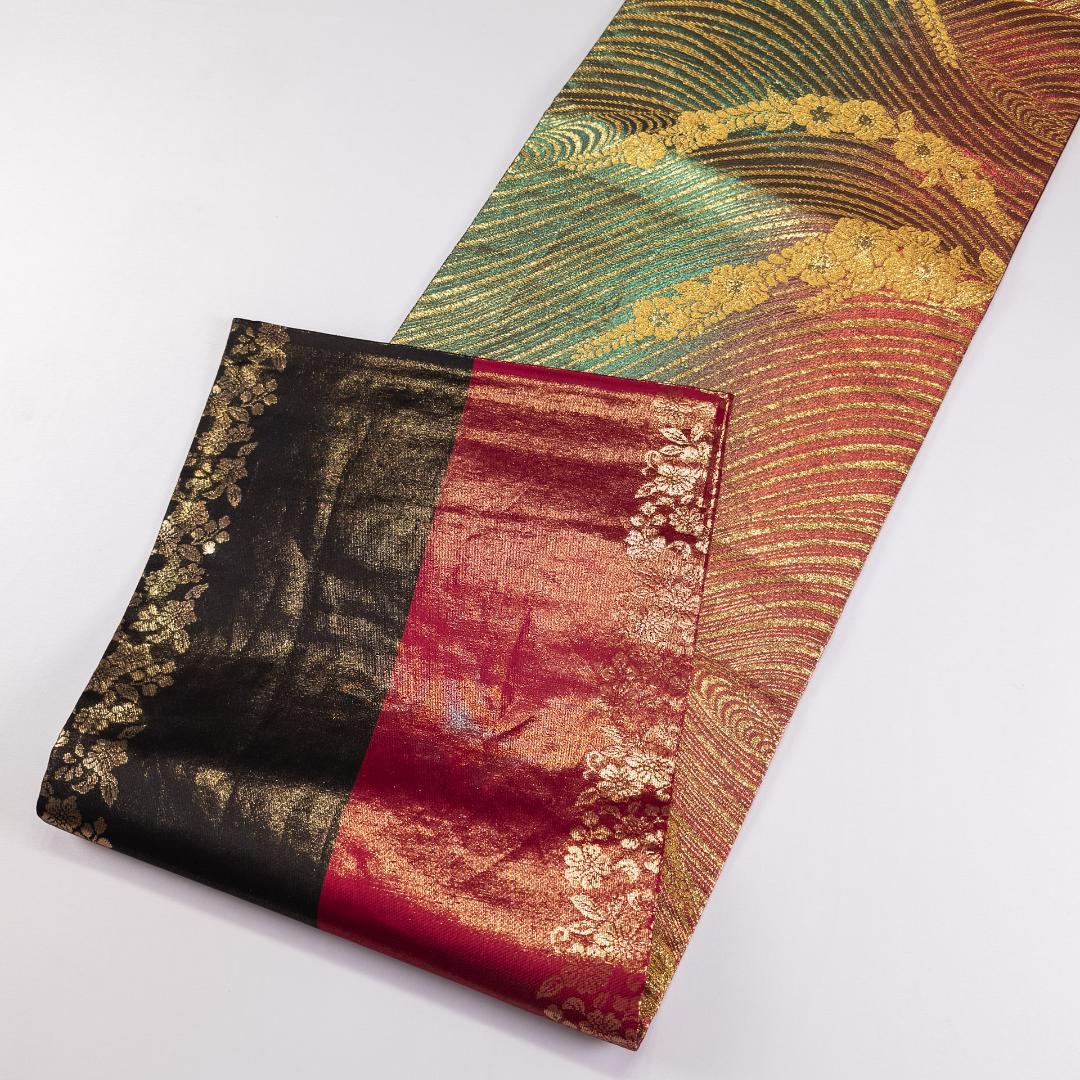 R7SK1473 袋帯 振袖用 礼装用 波 草花 全通柄 ゴールド シルバー