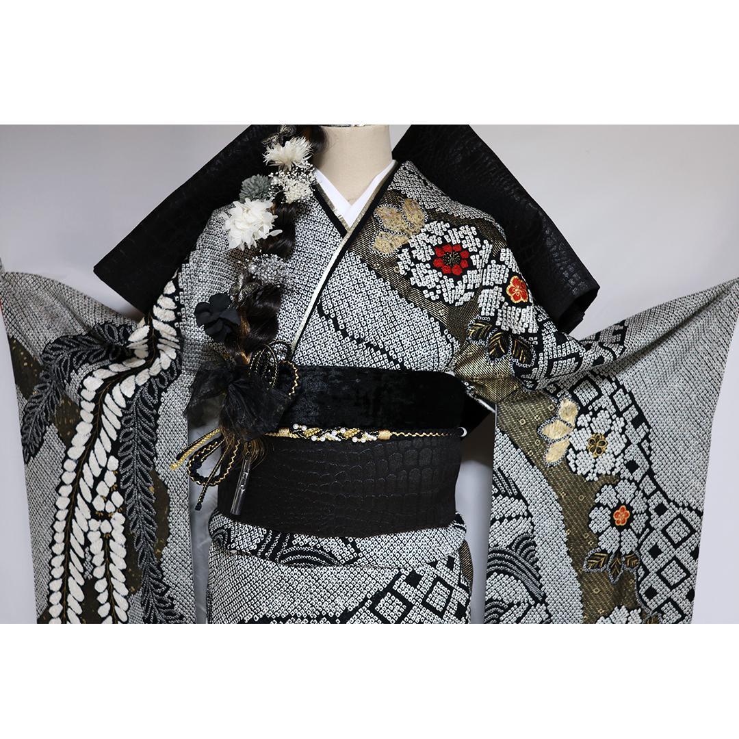 総絞り！◆ 振袖セット ◆165.5cm帯小物付黒白フルセットKS13