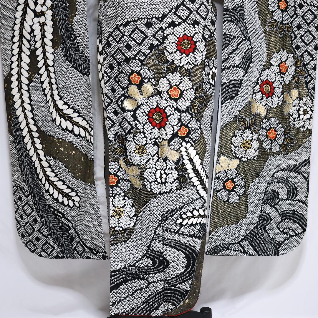 総絞り！◆ 振袖セット ◆165.5cm帯小物付黒白フルセットKS13