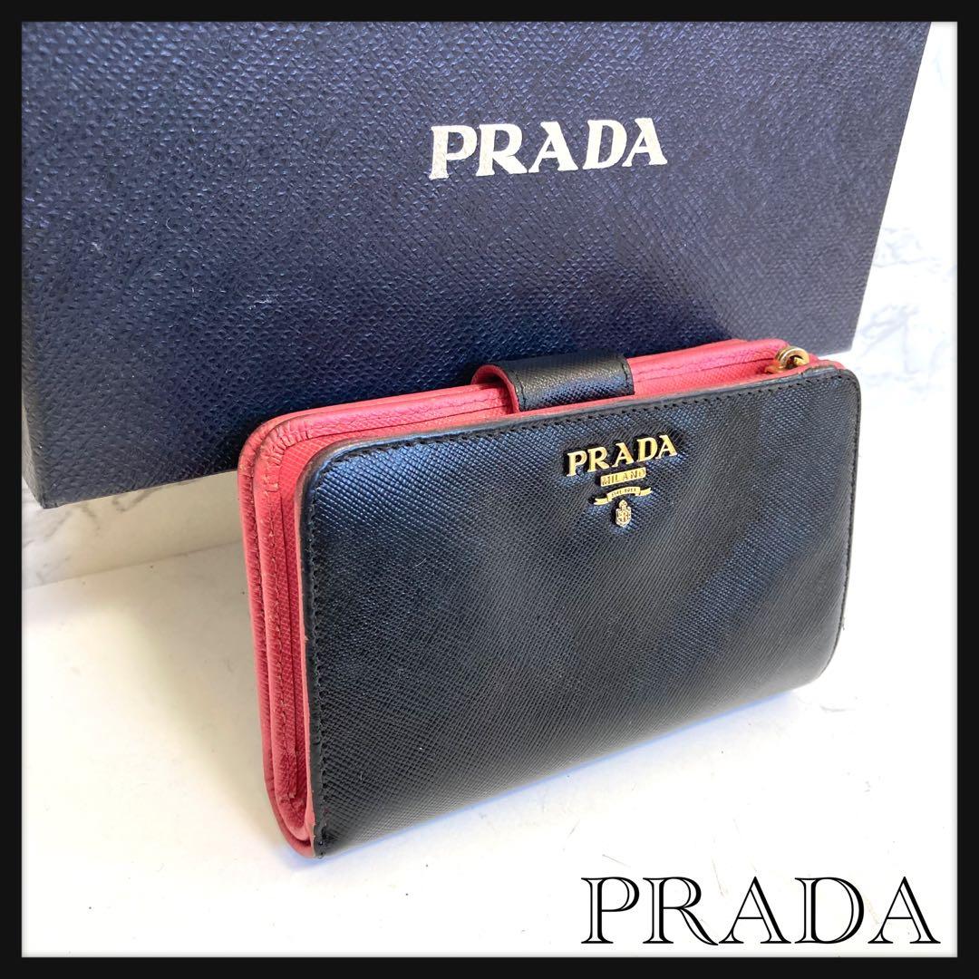 《美品》PRADA プラダ サフィアーノ ブラック 黒 レザー 二つ折り財布