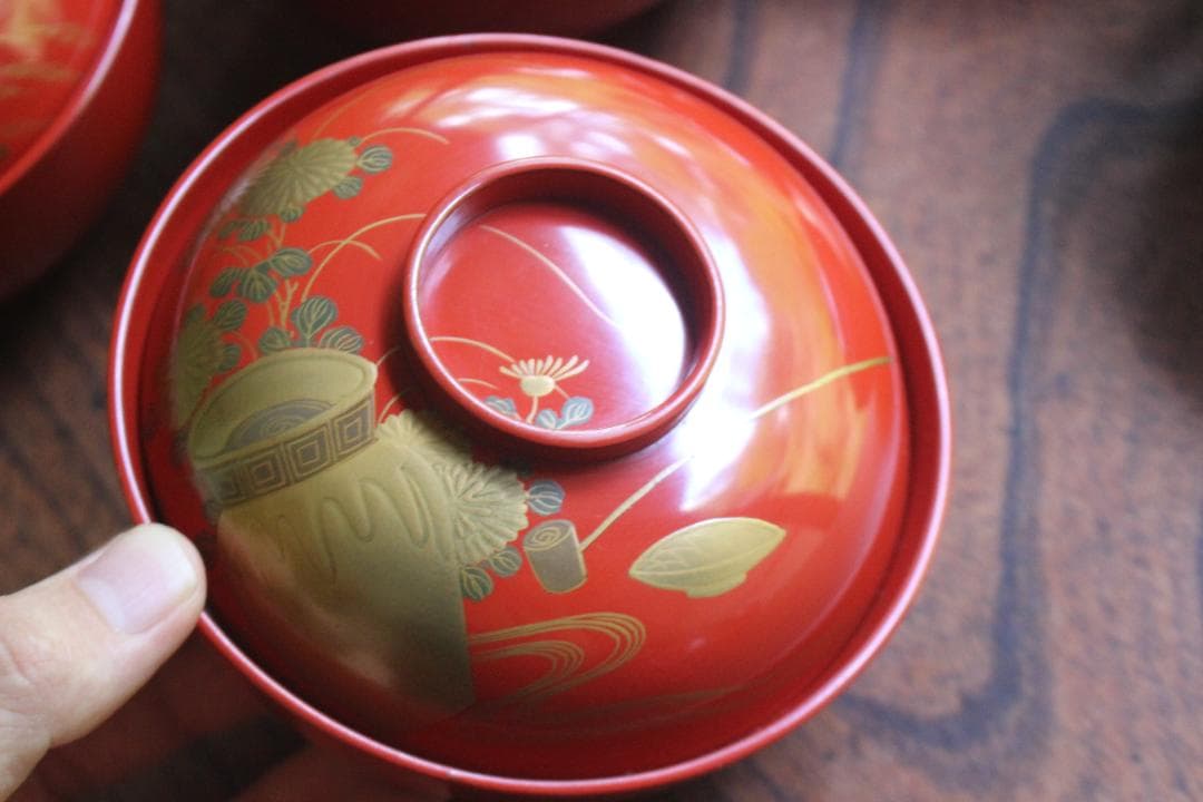 絵柄選択可！時代朱漆に優美な絵替風物蒔絵の映えるお椀8点（検輪島塗蒔絵椀