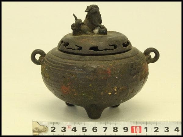 古銅 獅子蓋 香炉 時代物(A975)