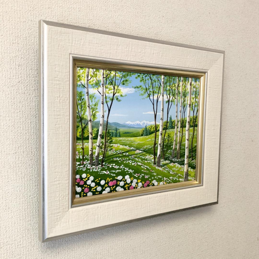 アクリル画　原画　「シロツメクサの咲くフィールド02」額縁付　F3キャンバス