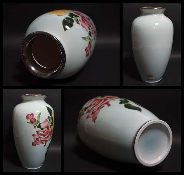 安藤七宝店 黒翠七宝『薔薇文』有線七宝花瓶 高さ31㎝★美品★