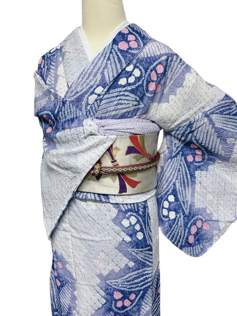 A57美品　有松鳴海絞り 高級浴衣 花 綿　敷当付き　手縫い