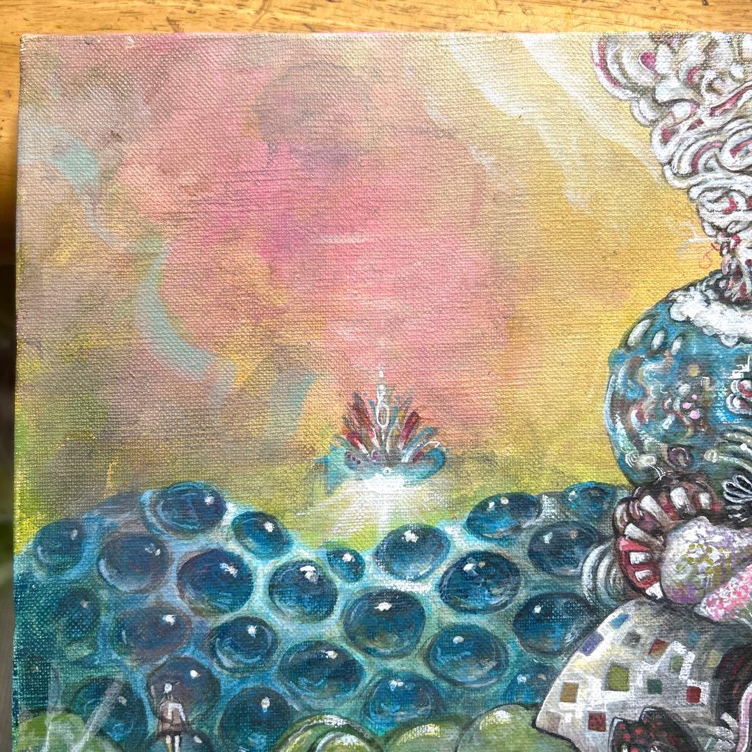 クジャクと地球　アクリル画　絵画