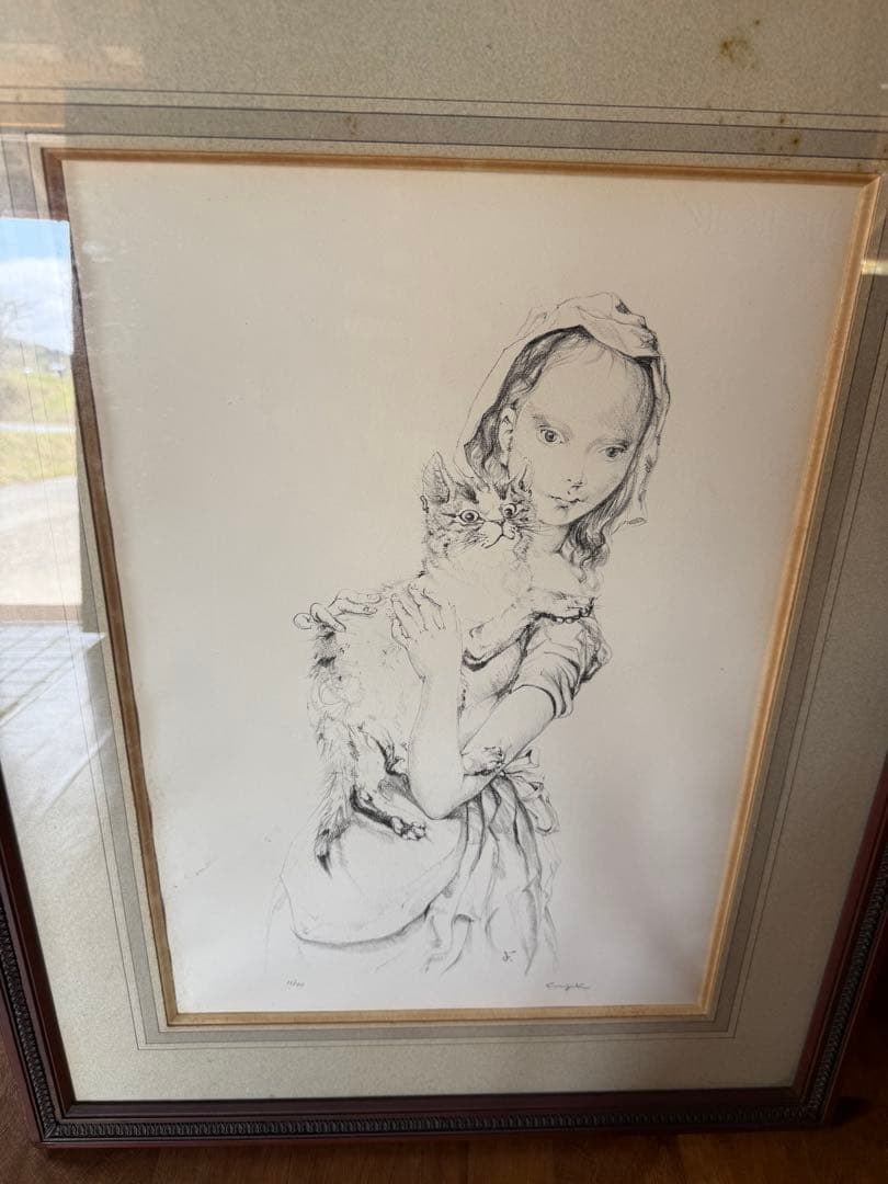 藤田嗣治（レオナール・フジタ）「猫を抱く少女」 作者サインあり　12/40