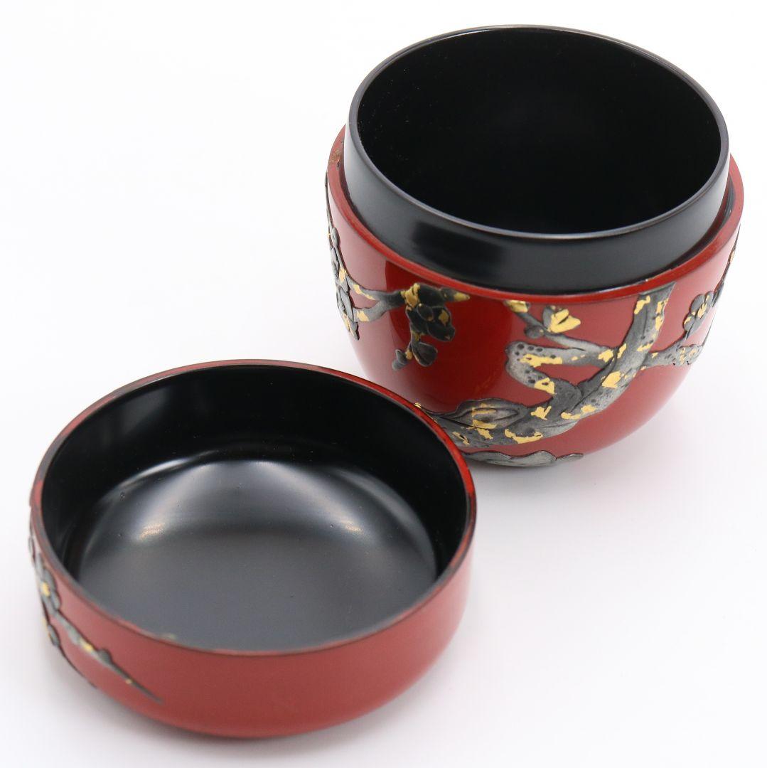 胡差琉漆 琉球漆器 梅花文朱 棗 茶道具　M643　GB1