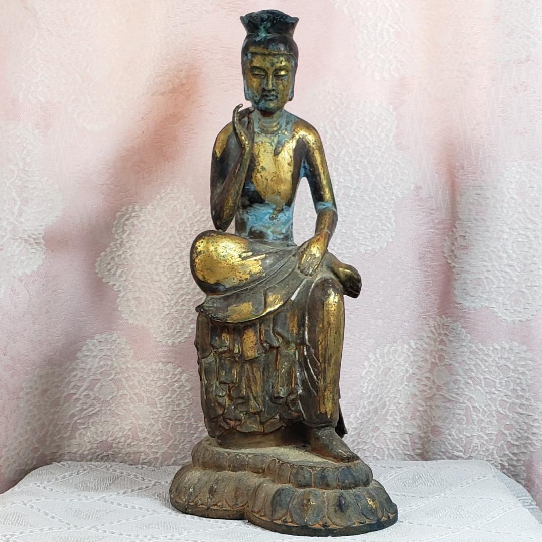 【博物館級】◆金銅半跏思惟像 全高:29cm 仏像◆検）天平仏 飛鳥仏 高麗
