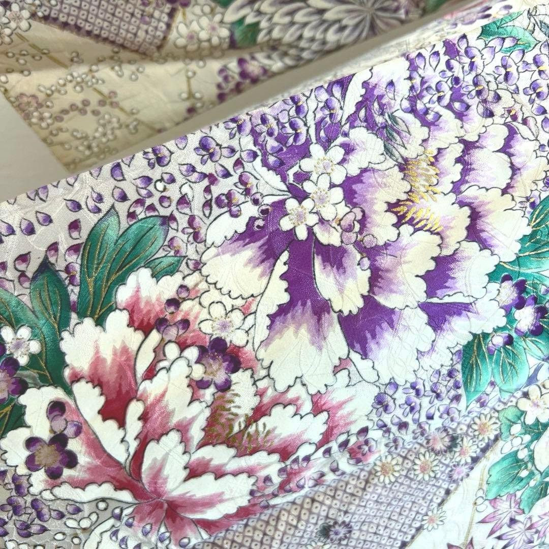 475 振袖フルセット 正絹 オフホワイト 薄紫 金彩 手描き 比翼仕立て 上品