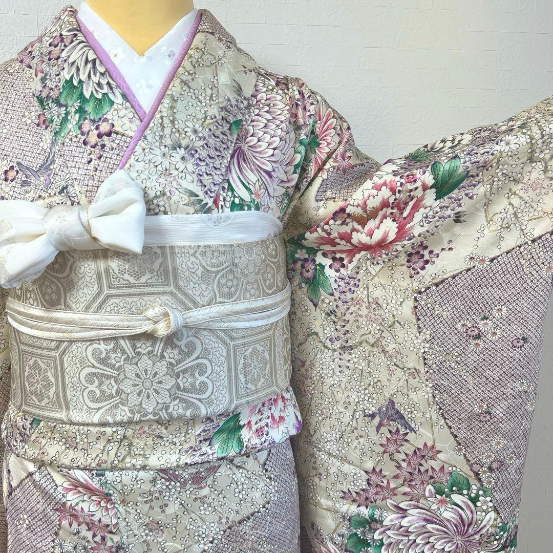 475 振袖フルセット 正絹 オフホワイト 薄紫 金彩 手描き 比翼仕立て 上品