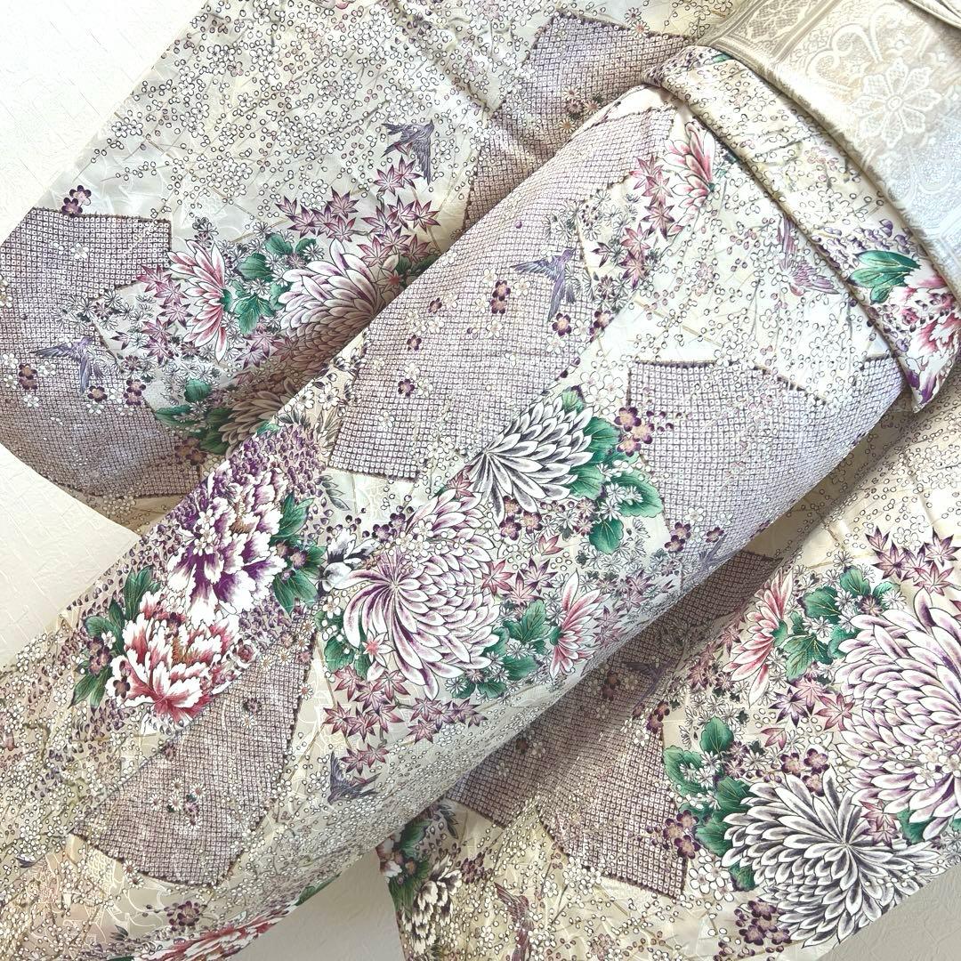 475 振袖フルセット 正絹 オフホワイト 薄紫 金彩 手描き 比翼仕立て 上品