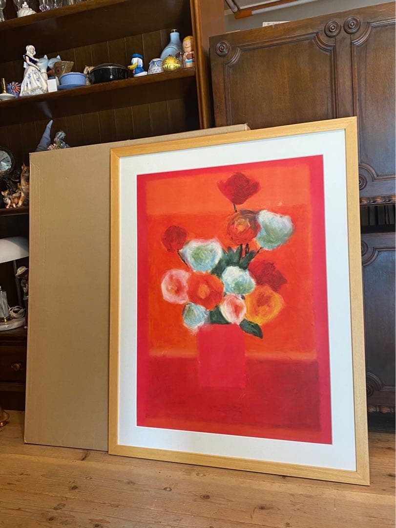 シルビア 花 薔薇 花瓶 バンケット オレンジ背景 額縁 アート