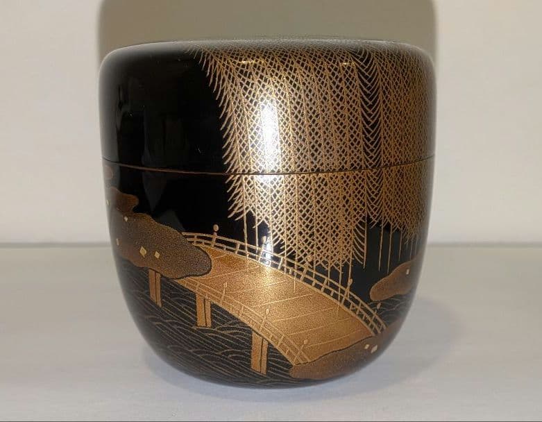 『柳橋蒔絵　棗』宗水作　茶道具　共箱共布　清水宗水　内銀溜塗　輪島塗　金