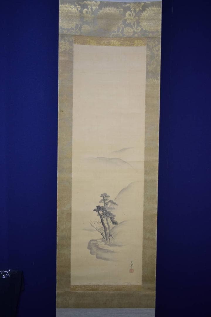 真作/松村呉春/松櫻小径/松桜/山水図/絹表装/布袋屋掛軸HI-313