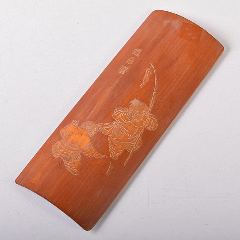 中国　古竹細工　唐子彫　茶合　腕鎮　臂擱　在銘　C　8332E