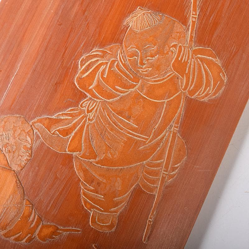 中国　古竹細工　唐子彫　茶合　腕鎮　臂擱　在銘　C　8332E