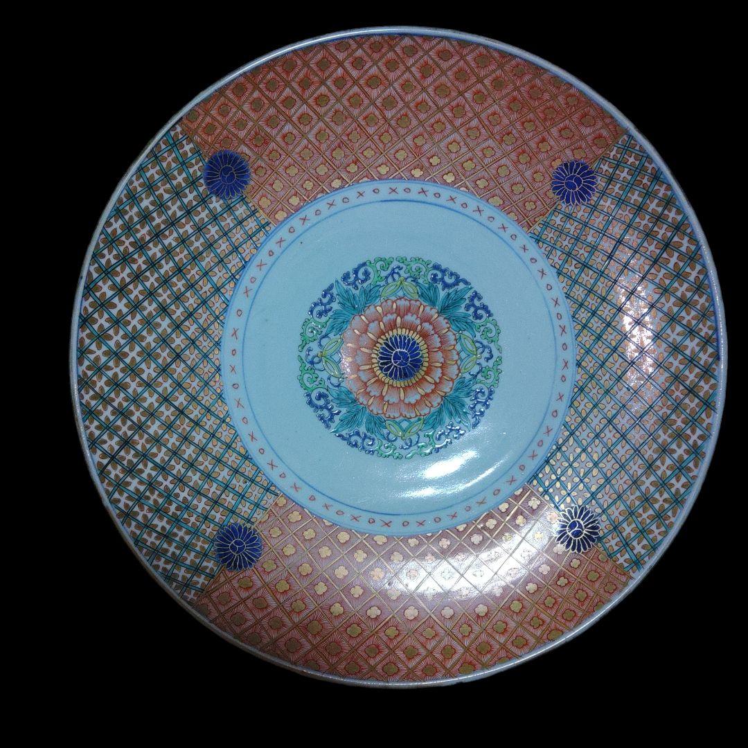 古伊万里　江戸時代　大明成化年製　幾何学文色絵皿　直径41cm