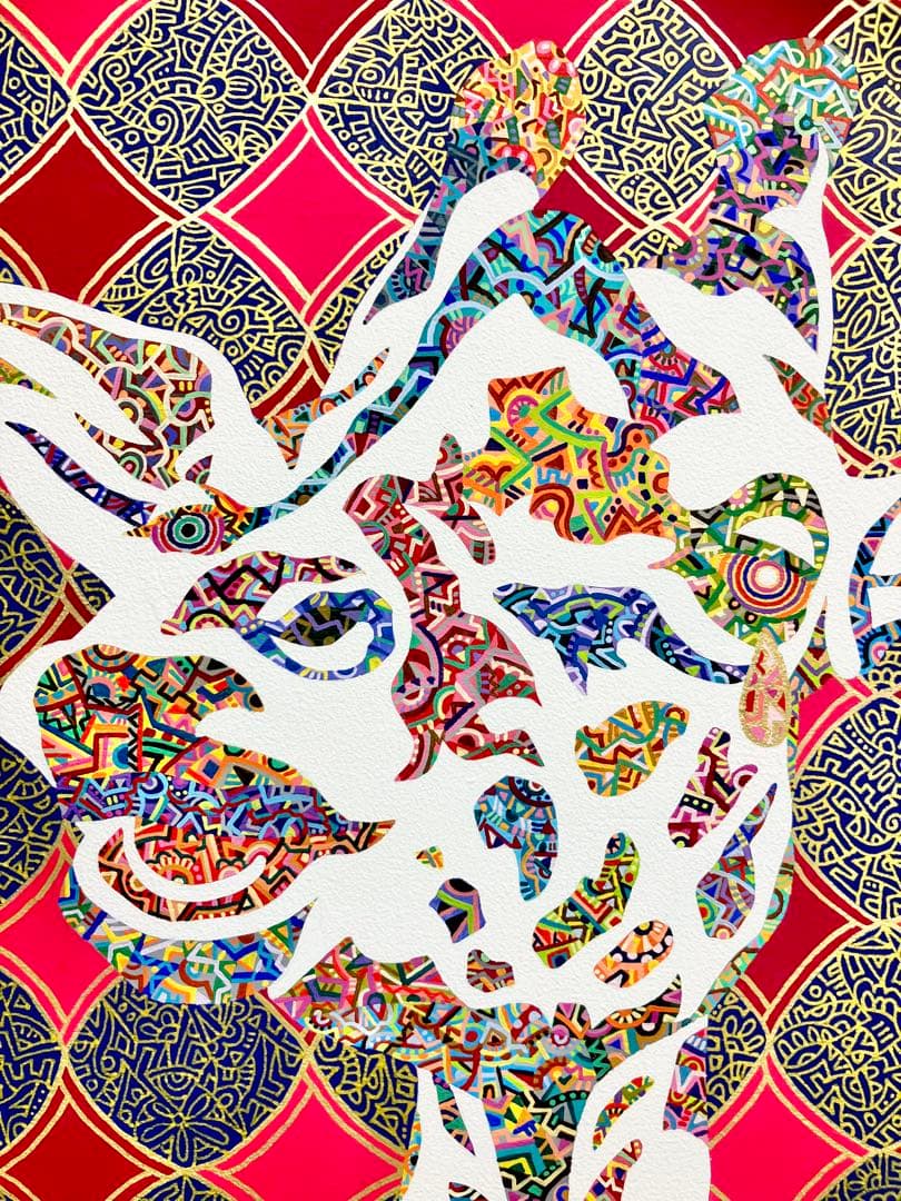 値下げ　原画　キリン　動物画　絵画　アクリル画　現代アート　細密画　一点物