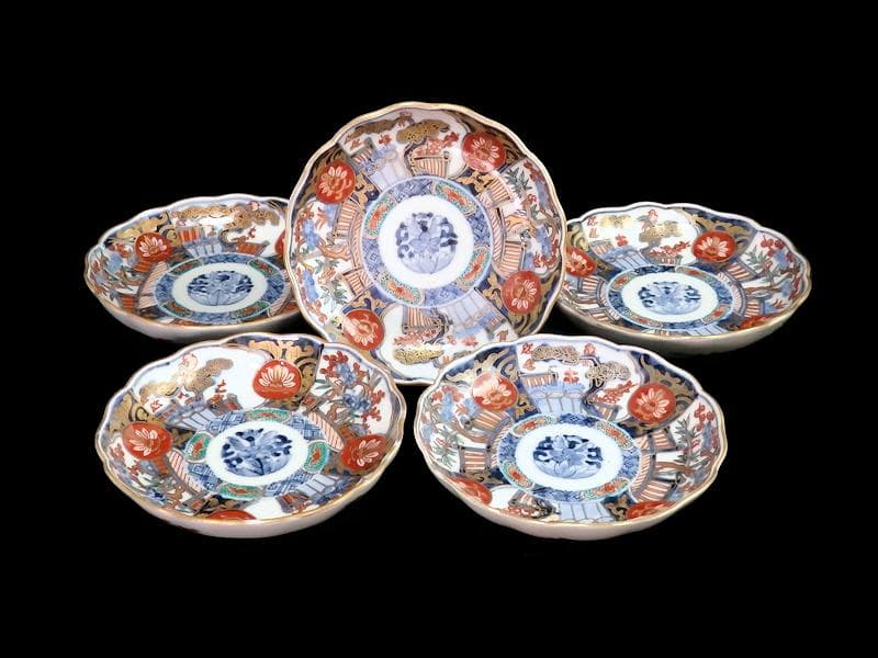 古伊万里　金襴手　花鳥紋に松竹梅の図　４寸皿　５枚　C071AS-CQj