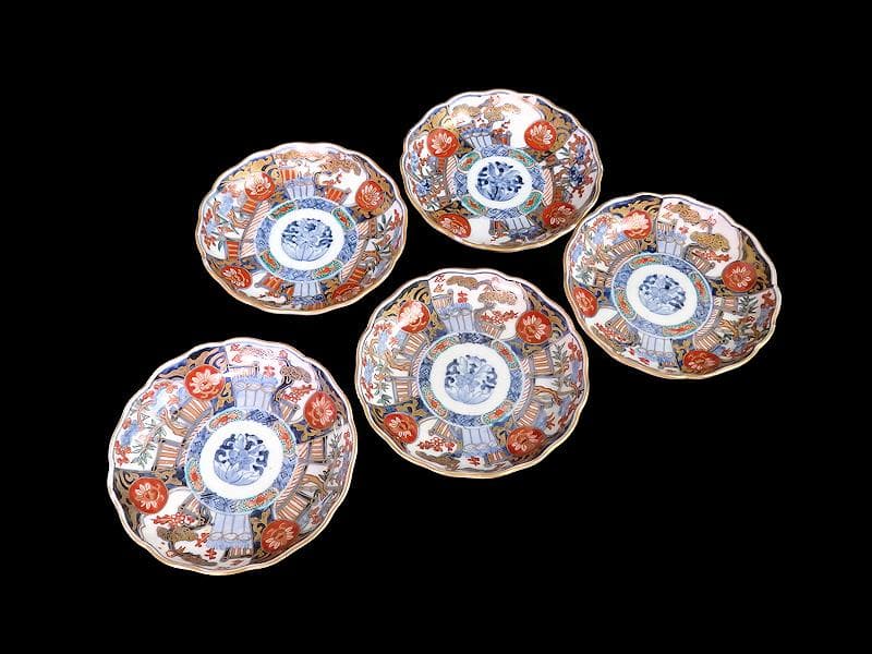 古伊万里　金襴手　花鳥紋に松竹梅の図　４寸皿　５枚　C071AS-CQj