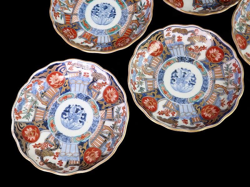 古伊万里　金襴手　花鳥紋に松竹梅の図　４寸皿　５枚　C071AS-CQj