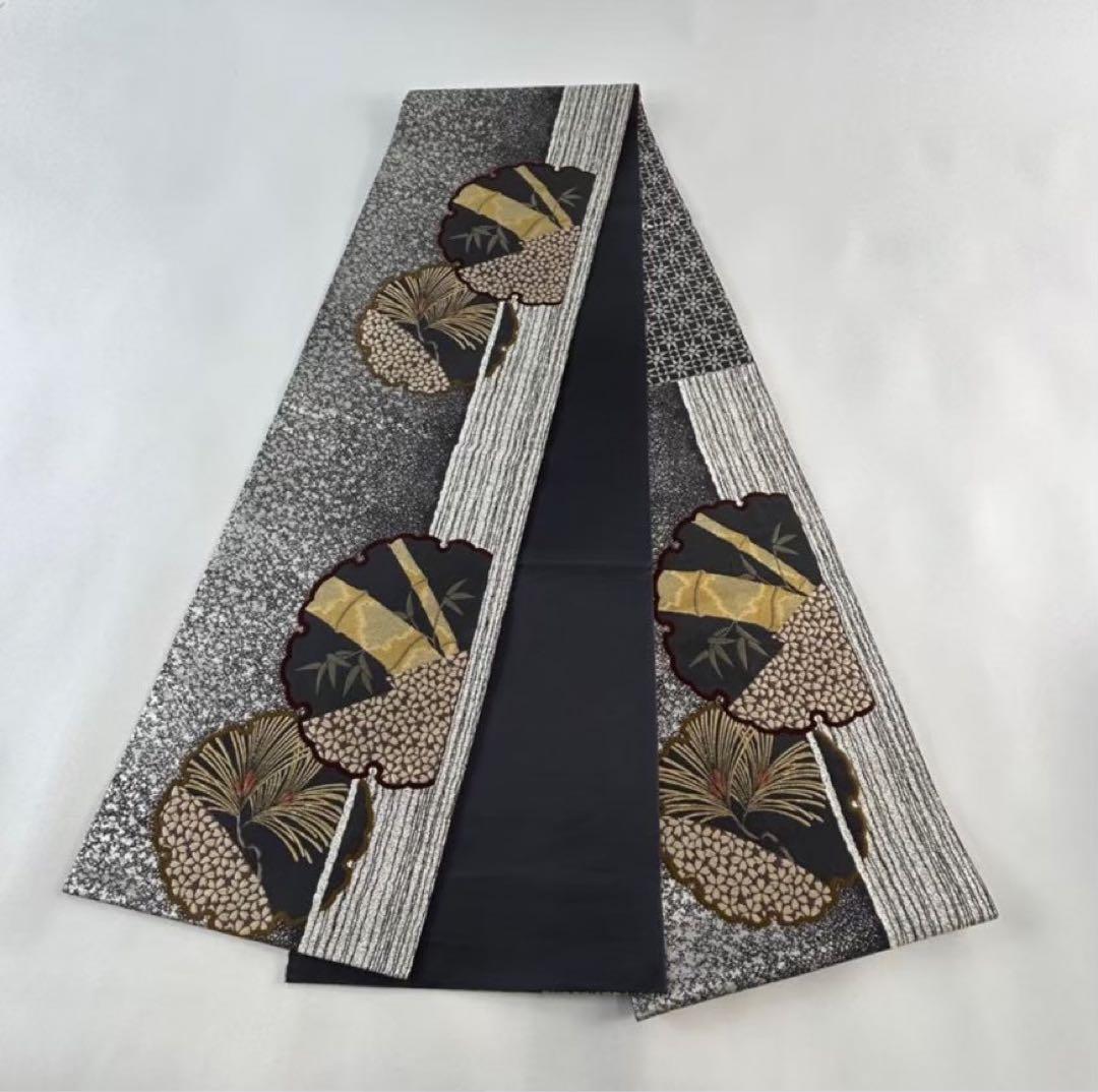 【美品】袋帯 六通 正絹 : 雪輪 松竹 箔 黒灰