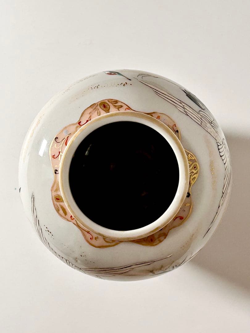 明治瀬戸の名工 加藤繁十 桃花園画 上絵飛鶴文花瓶 其の弍 名古屋絵付 瀬戸