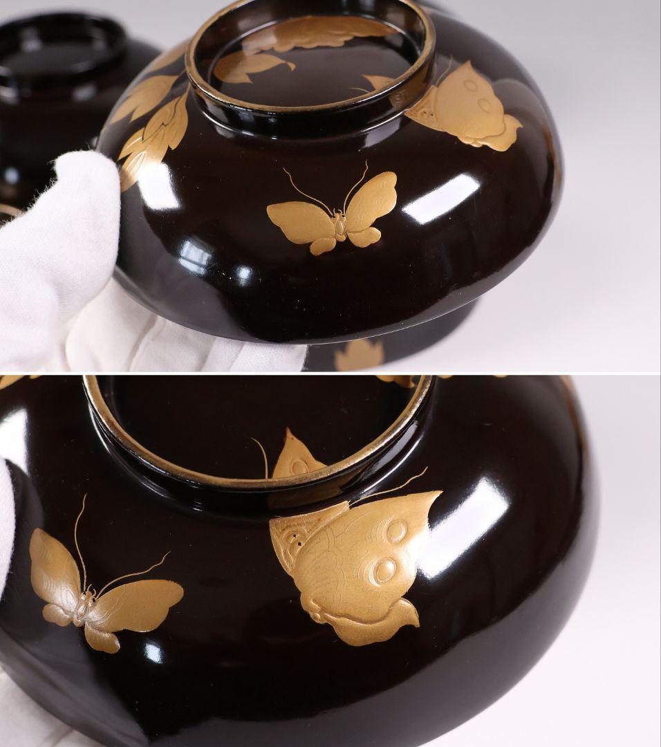 【CM415】訳あり 時代輪島 蝶と牡丹 黒塗椀 三客 天然木漆塗 明治大正