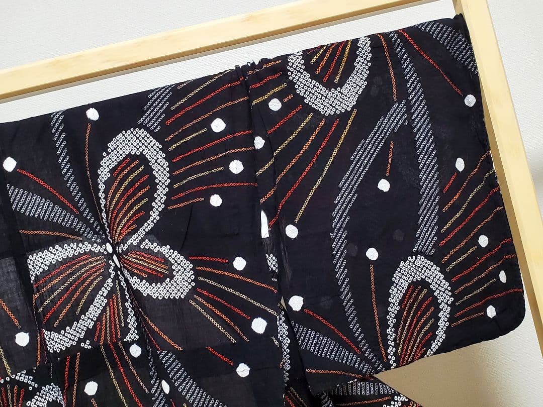 AB5 有松鳴海絞り 蝶々模様 花火 黒色 綿 浴衣 着物 04