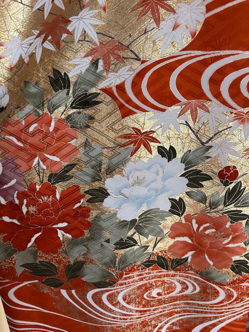 振袖 オレンジ 波模様 花柄　金