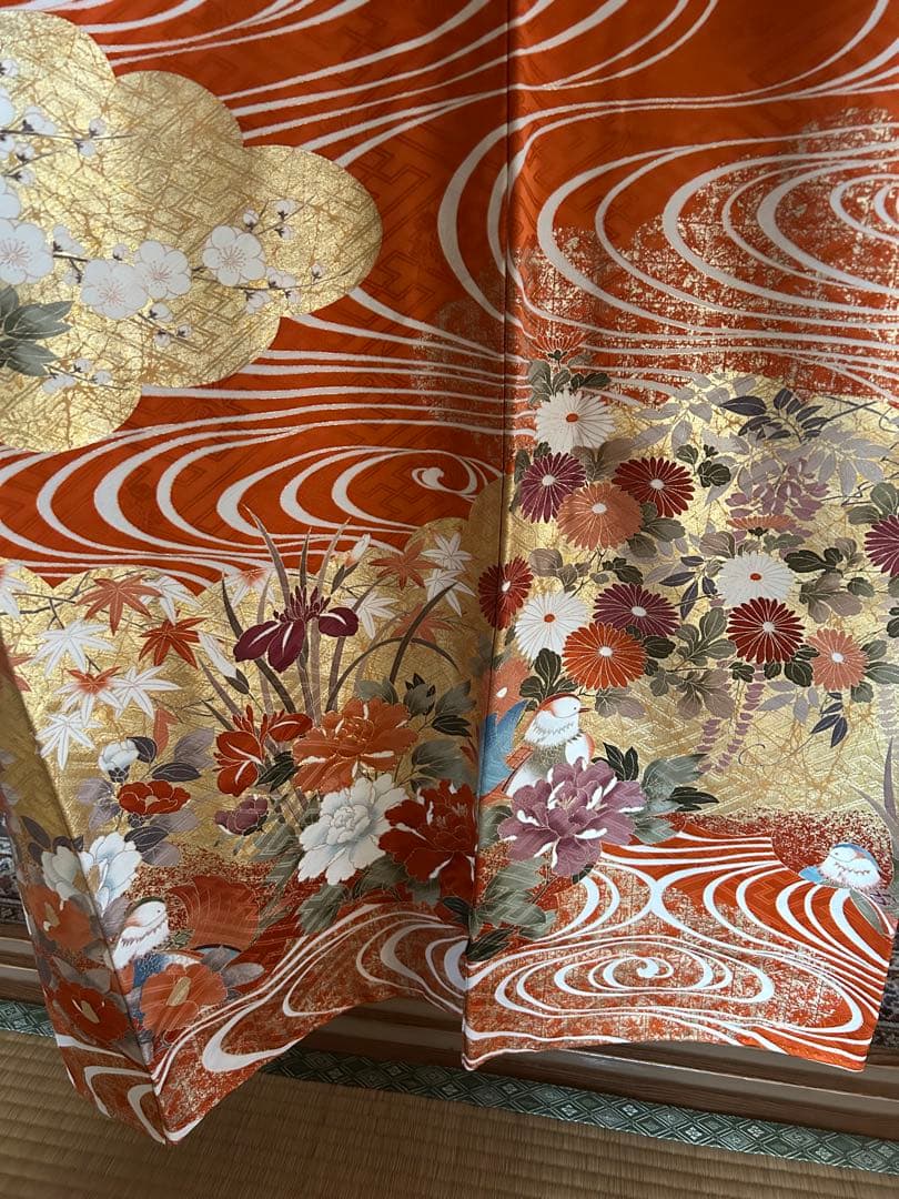 振袖 オレンジ 波模様 花柄　金