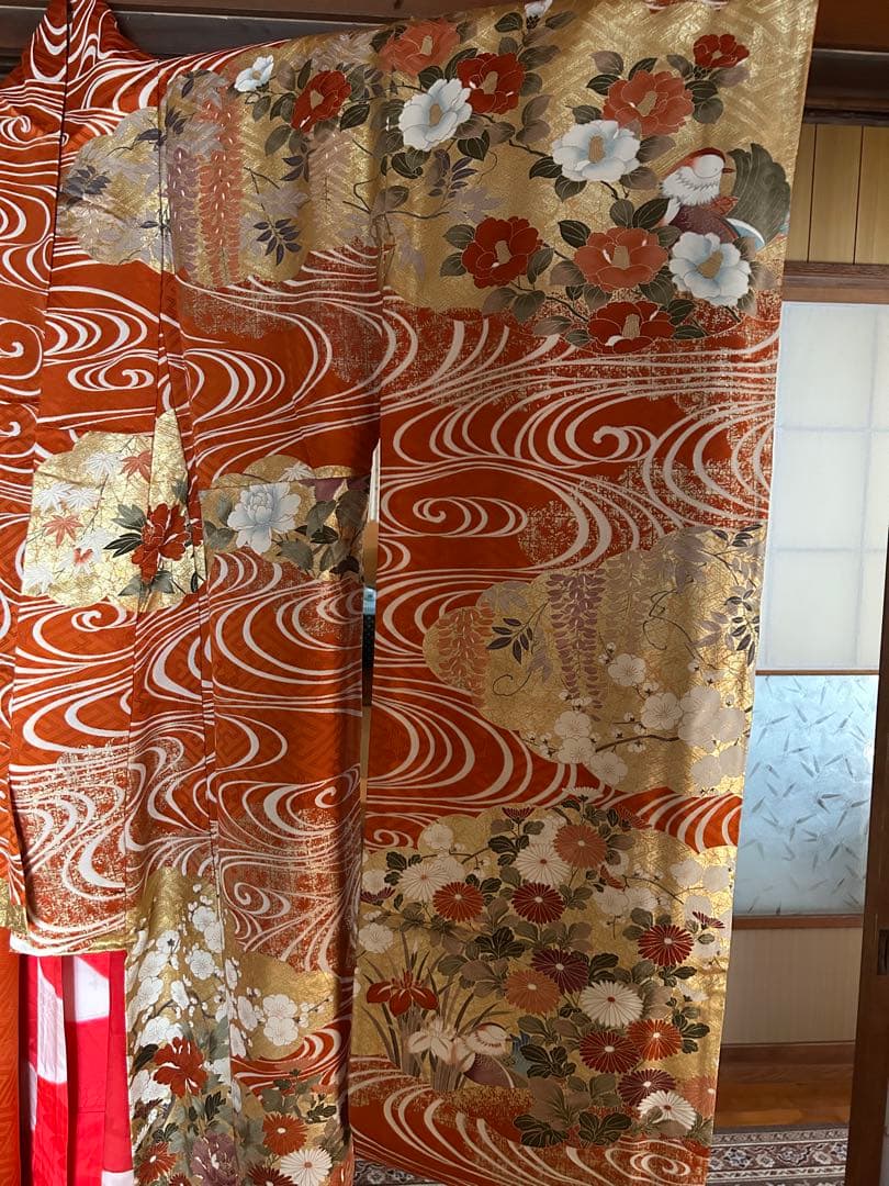 振袖 オレンジ 波模様 花柄　金