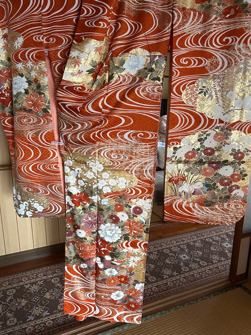 振袖 オレンジ 波模様 花柄　金