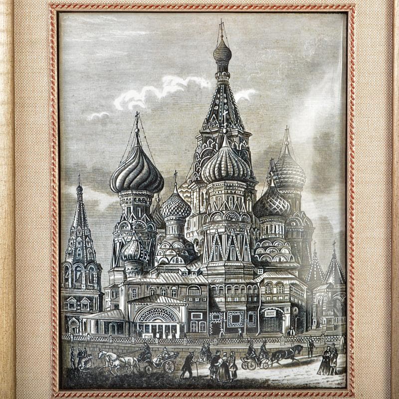 西洋美術　19世紀後半　聖ワシリィ大聖堂図　ロシア製　七宝絵　額装　VR5956