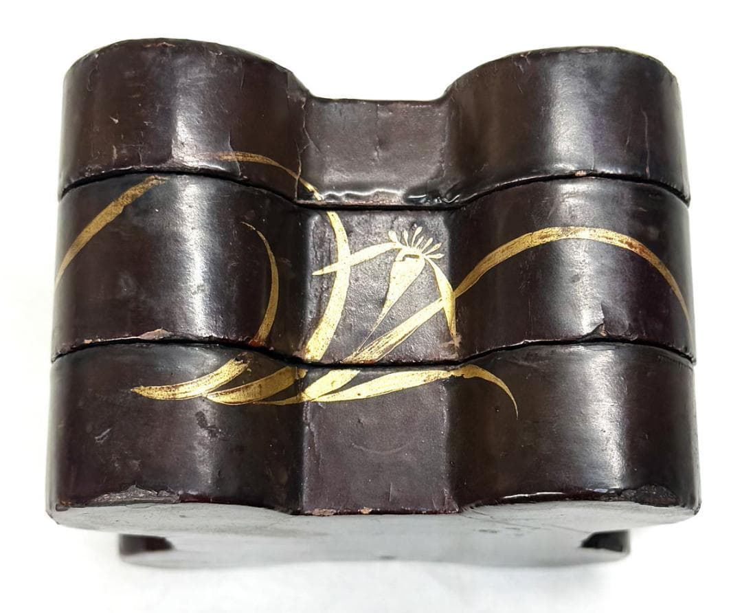 明末清初時代 木製珍獣花草文蒔絵二段小物入れ 漆器 時代物 唐物 WWWT084