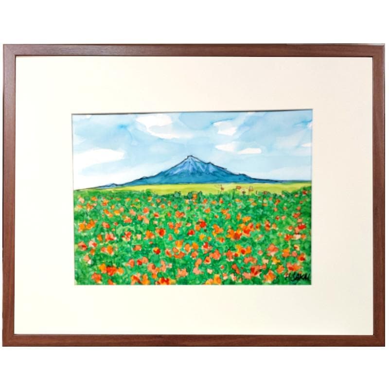 ☆ 境　肇 ☆「えぞスカシユリ咲く 利尻富士」水彩画　大衣　新品額！