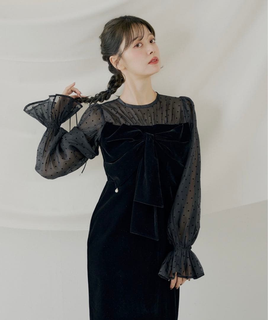 配色シアーリボンベロアワンピース