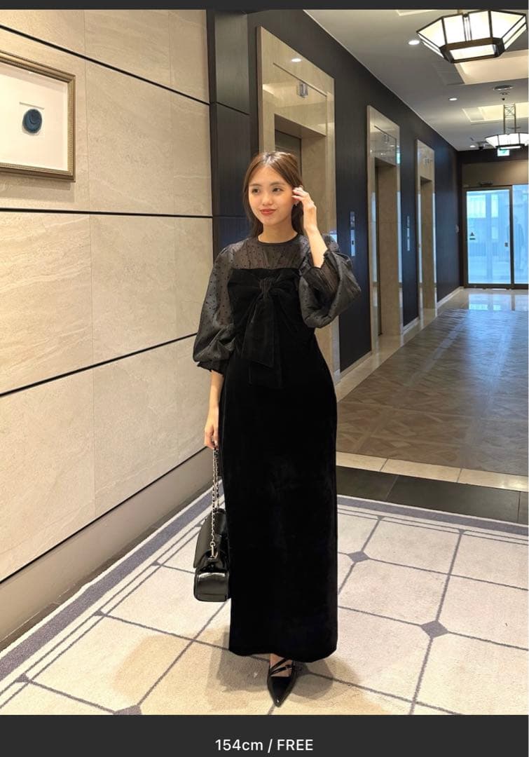 配色シアーリボンベロアワンピース